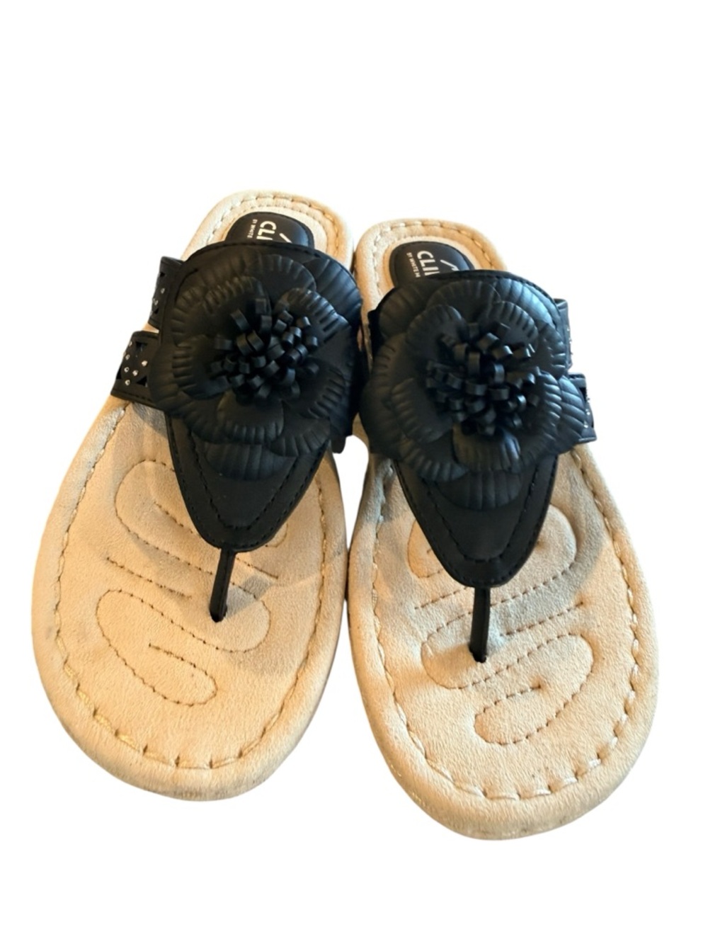 Cliffs by WHITE MOUNTAIN Black Tan Leather Floral Sparkle Slide Sandals Size 7.5